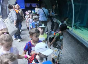 Dzieci obserwujące życie morskie w orientarium