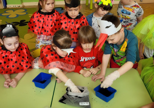 Dzieci uzupełniają pojemniki ziemią do kwiatów.